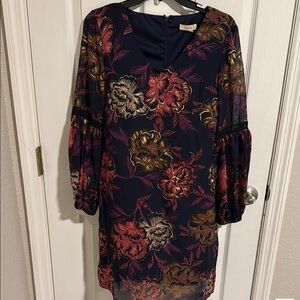 Prelude Versona Navy Blue Floral Balloon Sleeve Mini Dress Size 4 NWT